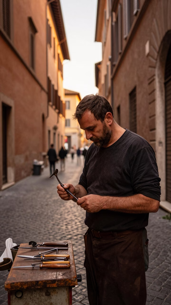 Golden Hour Street Scene in Rome Italy with Awl and Parings in in Rome, Italy