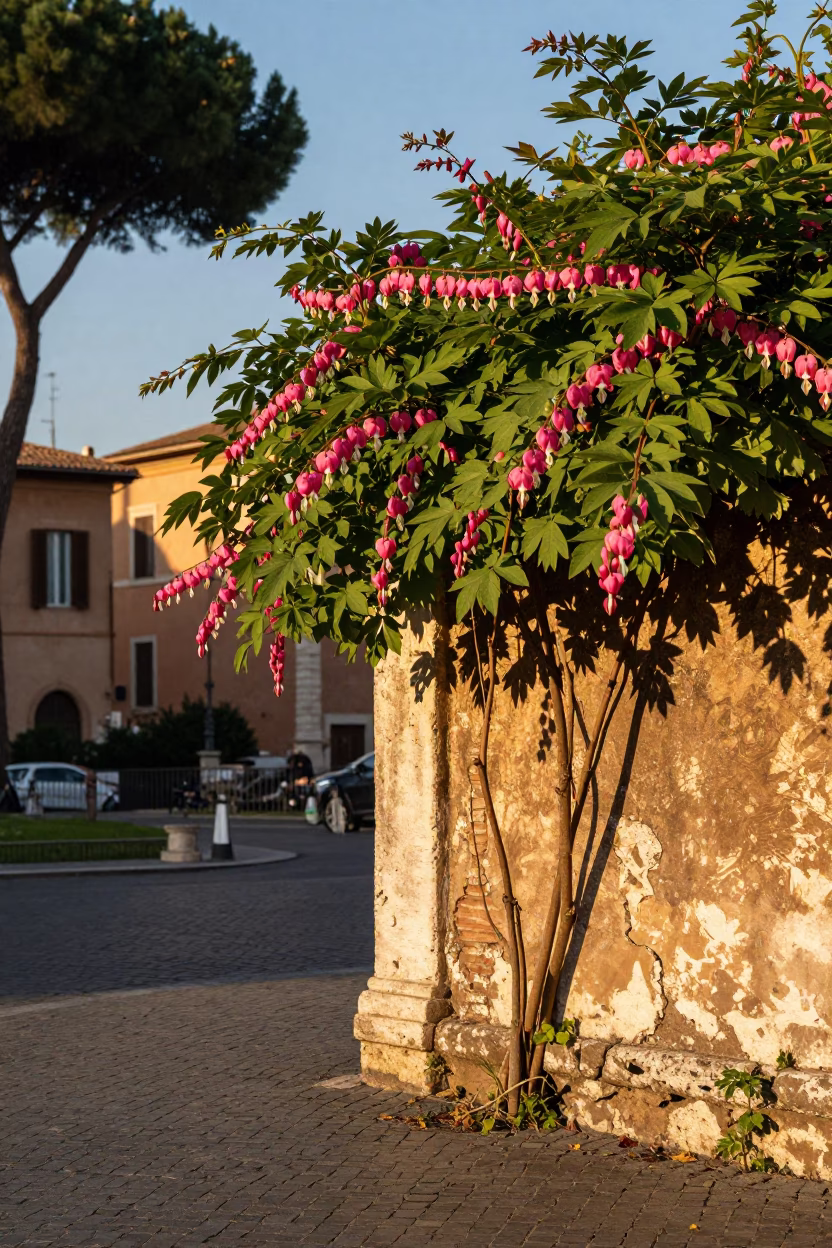 Golden Hour Street Scene in Rome Italy with Bleeding Heart Vine and Travelers in in Rome, Italy