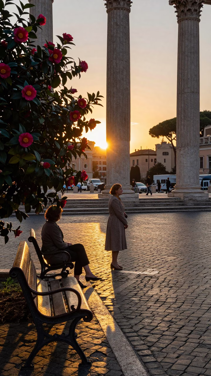 Golden Hour Street Scene in Rome Italy with Camellia and Bookend in in Rome, Italy