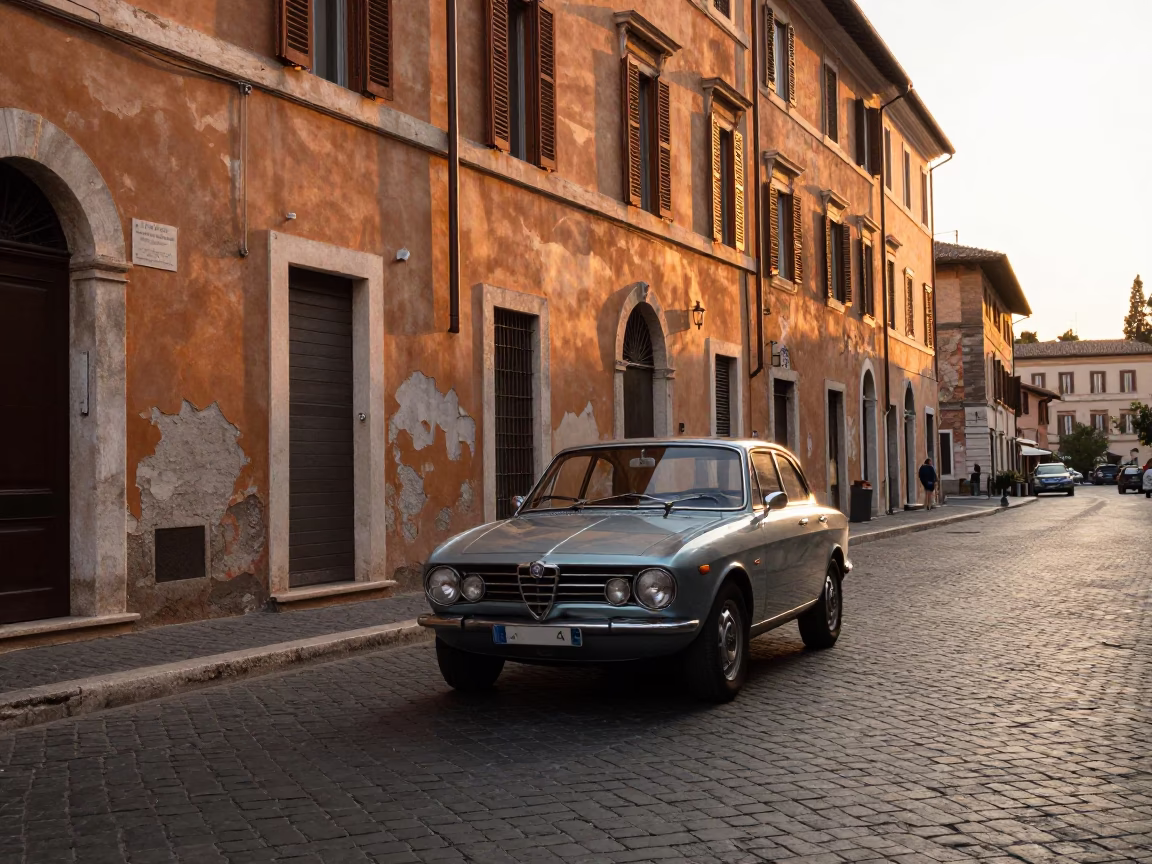Golden Hour Street Scene in Rome Italy with Cobblestones and Vintage Car in in Rome, Italy