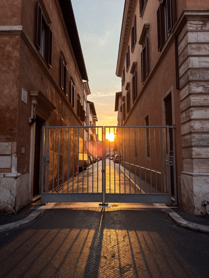 Golden Hour Street Scene in Rome Italy with Construction Gate and Linen Fringe Detail in in Rome, Italy