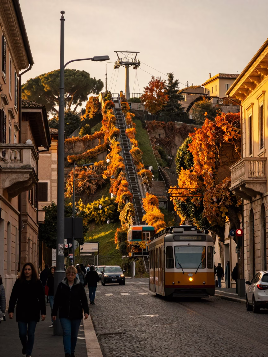 Golden Hour Street Scene in Rome Italy with Funicular and Autumn Vines in in Rome, Italy