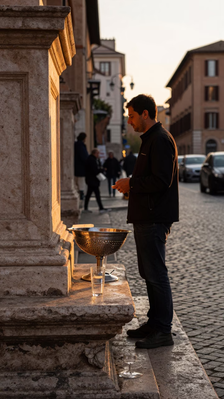 Golden Hour Street Scene in Rome Italy with Glass Tumbler and Colander in in Rome, Italy