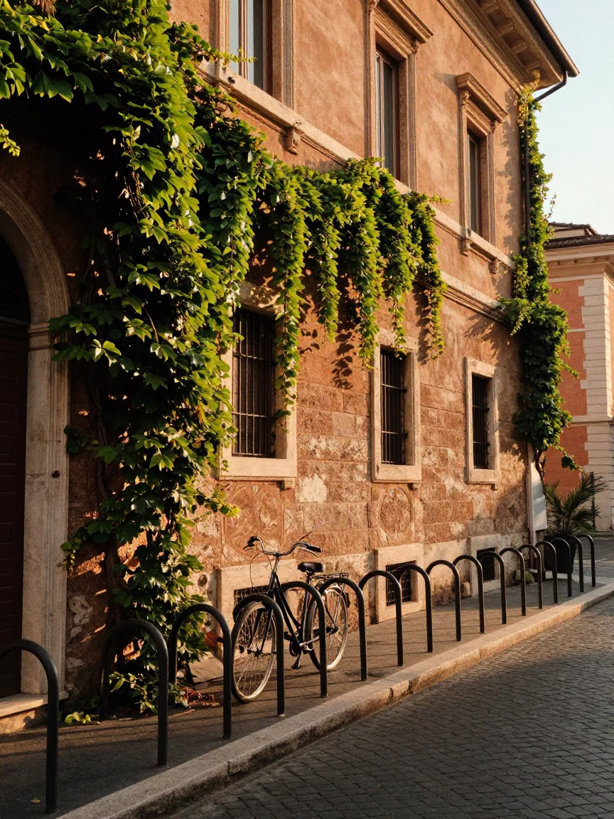 Golden Hour Street Scene in Rome Italy with Ivy Vines and Bicycle Rack in in Rome, Italy