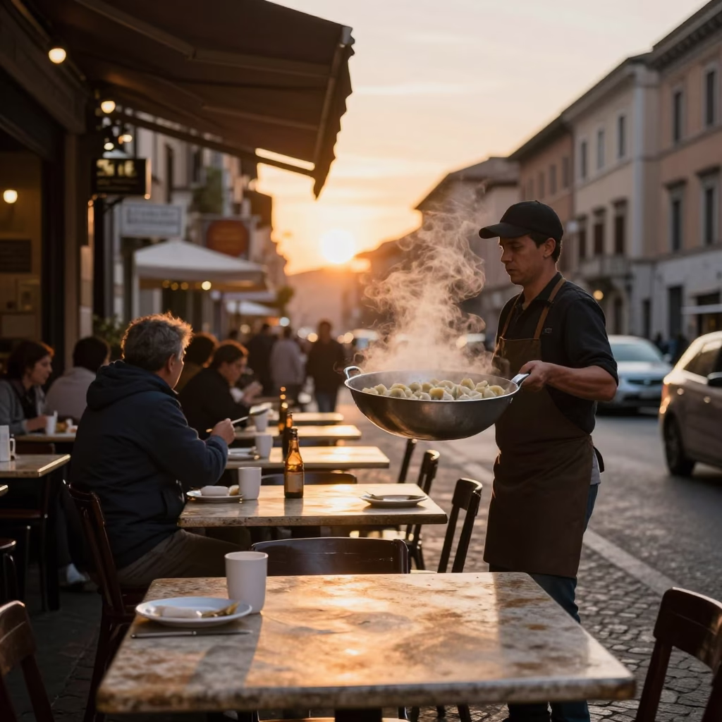 Golden Hour Street Scene in Rome Italy with Ladle and Dumplings in in Rome, Italy