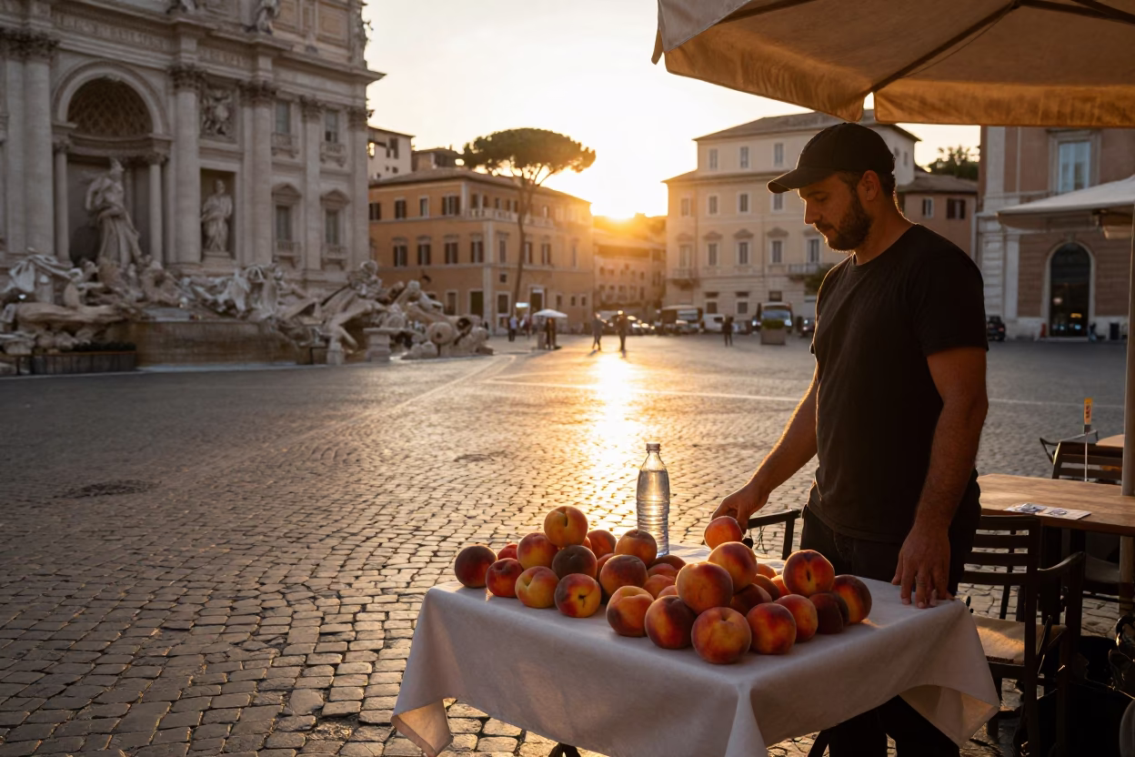 Golden Hour Street Scene in Rome Italy with Local Food and Water Bottle in in Rome, Italy