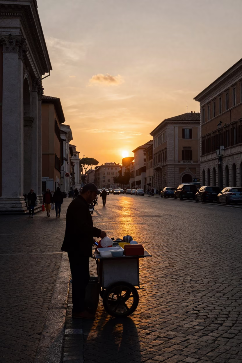 Golden Hour Street Scene in Rome Italy with Local Vendor and Vintage Details in in Rome, Italy