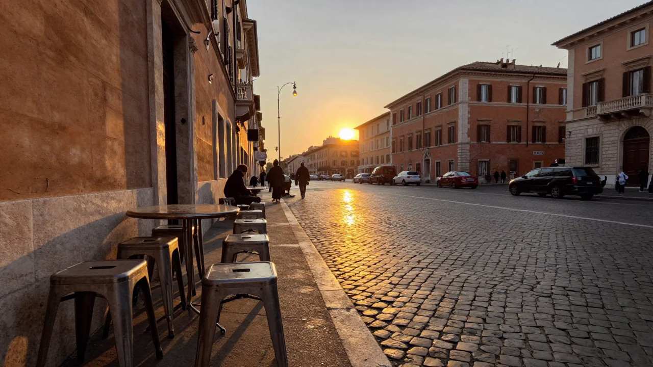 Golden Hour Street Scene in Rome Italy with Metal Stools and Evening Activity in in Rome, Italy