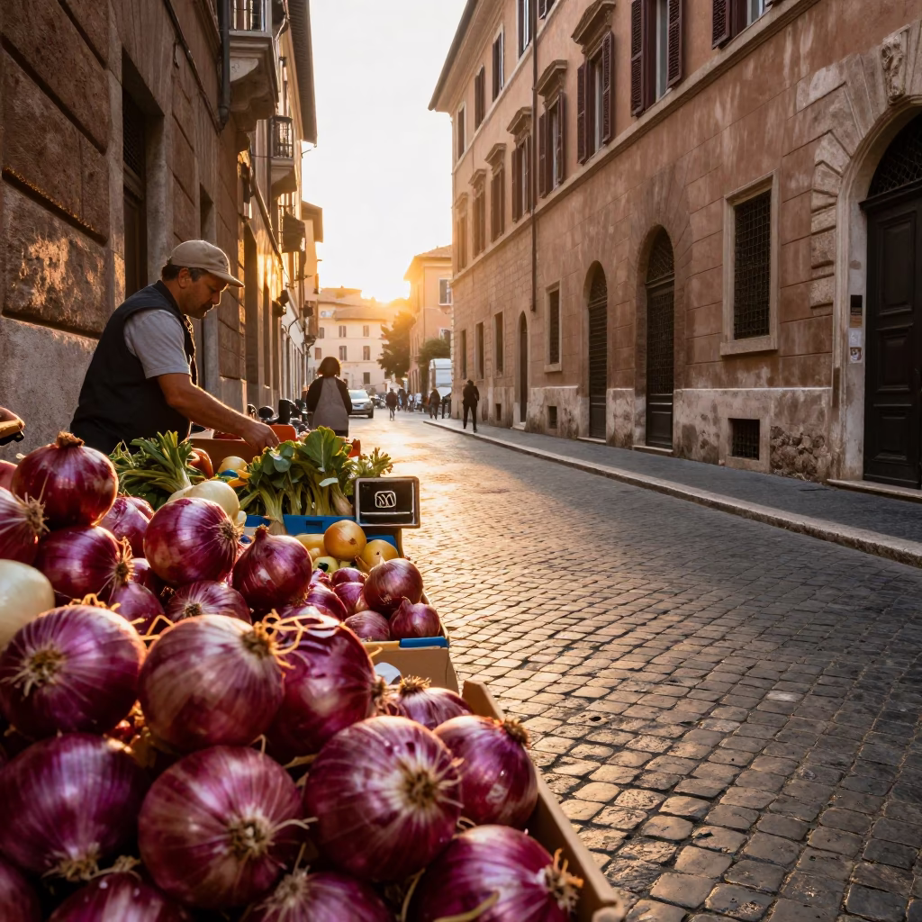 Golden Hour Street Scene in Rome Italy with Onions and Vintage Signet Ring in in Rome, Italy