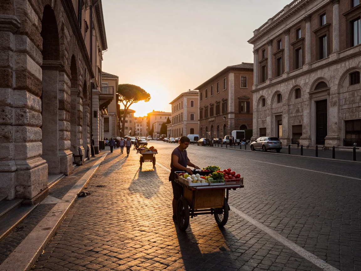 Golden Hour Street Scene in Rome Italy with Rolling Carts and Urban Life in in Rome, Italy