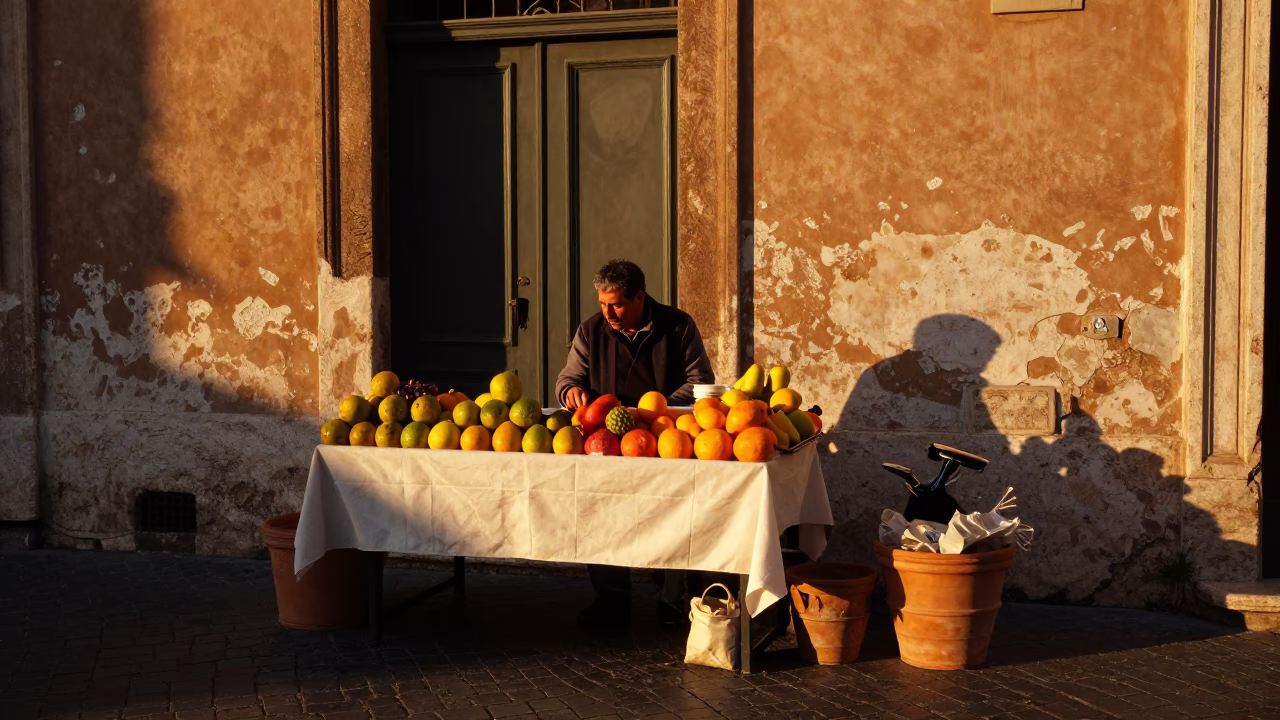 Golden Hour Street Scene in Rome Italy with Terracotta Pot and Oranges in in Rome, Italy