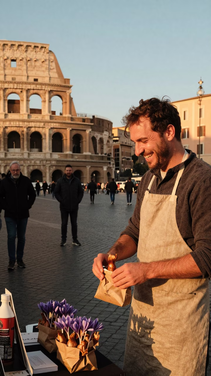 Golden Hour Street Scene in Rome Italy with Tourist and Local Vendor in in Rome, Italy