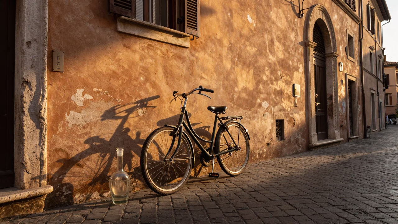 Golden Hour Street Scene in Rome Italy with Vintage Bicycle and Glass Carafe in in Rome, Italy