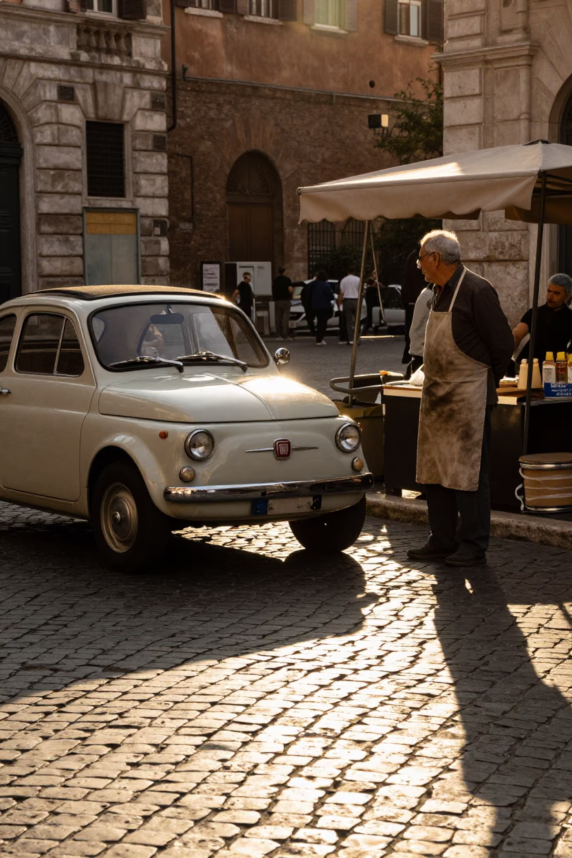Golden Hour Street Scene in Rome Italy with Vintage Car and Local Interaction in in Rome, Italy