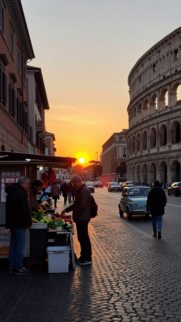 Golden Hour Street Scene in Rome Italy with Vintage Car and Pedestrians in in Rome, Italy