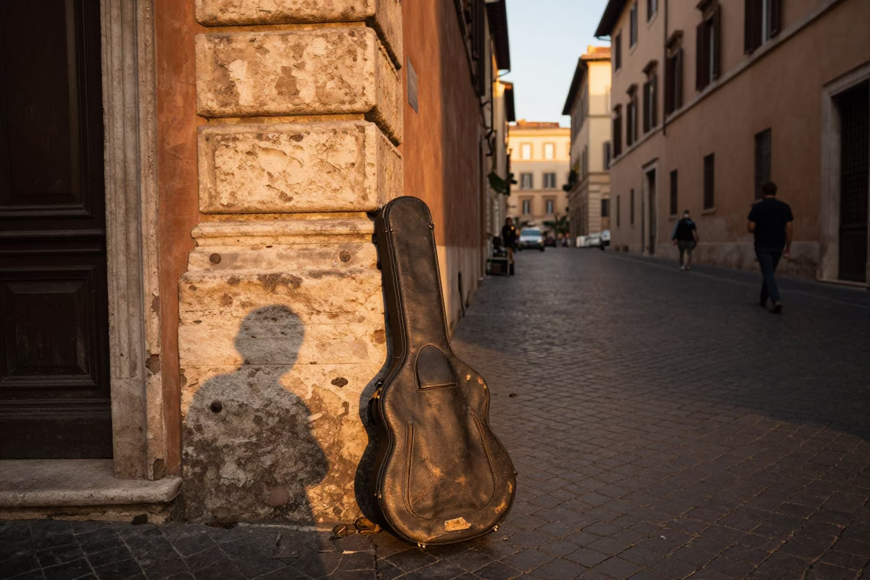 Golden Hour Street Scene in Rome Italy with Vintage Guitar Case and Local Interaction in in Rome, Italy