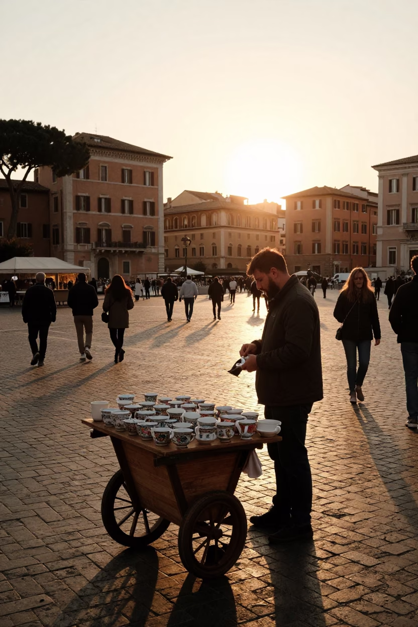 Golden Hour Street Scene in Rome Italy with Vintage Teacups and Local Life in in Rome, Italy