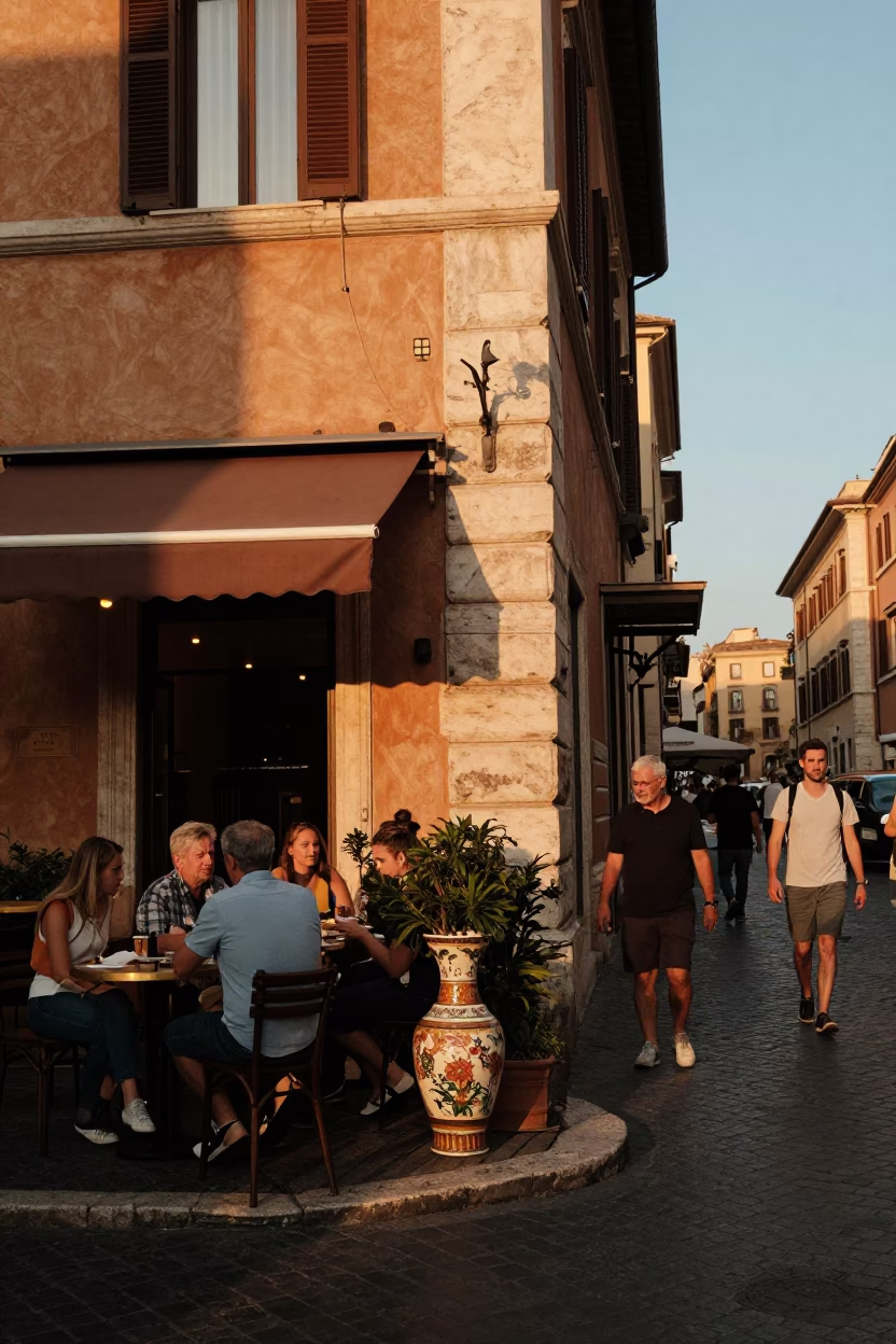 Golden Hour Street Scene in Rome Italy with Vintage Vase and Local Life in in Rome, Italy