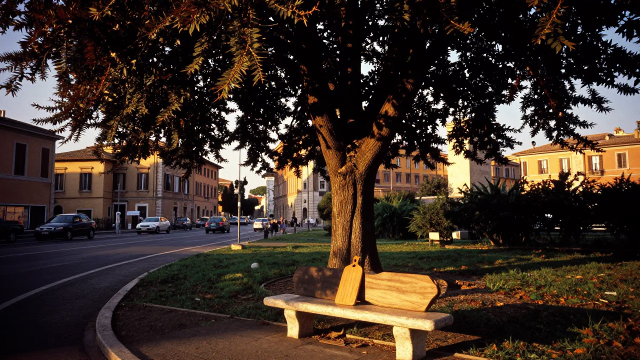 Golden Hour Street Scene in Rome with Copper Beech Tree and Local Park Life in in Rome, Italy