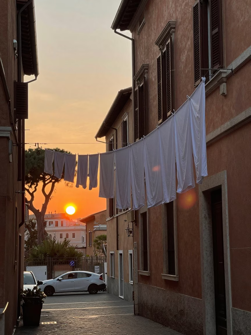 Golden hour street scene in Rome with laundry and a toolbox in in Rome, Italy