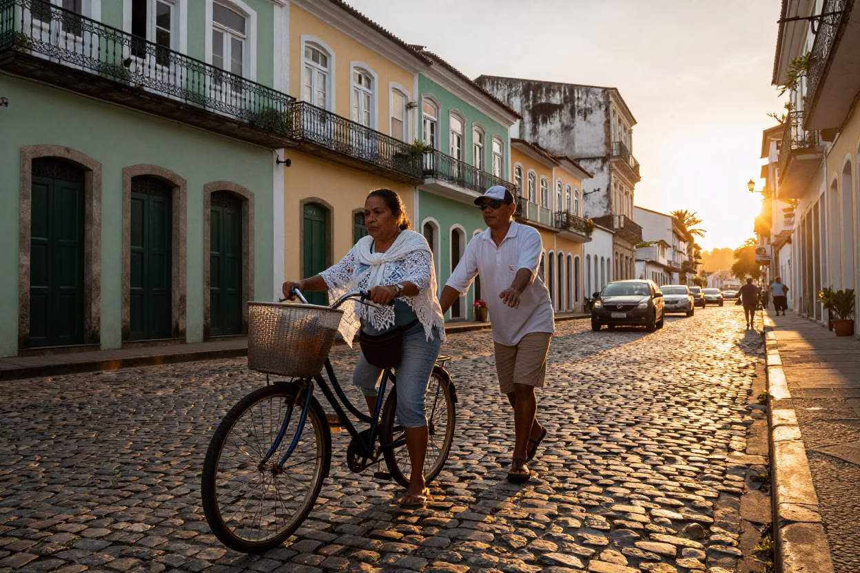 Golden Hour Street Scene in Salvador Brazil with Bicycle Basket and Local Life in in Salvador, Brazil