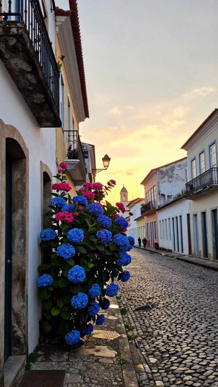 Golden Hour Street Scene in Salvador Brazil with Blue Hydrangeas and Oil Sheen Puddles in in Salvador, Brazil