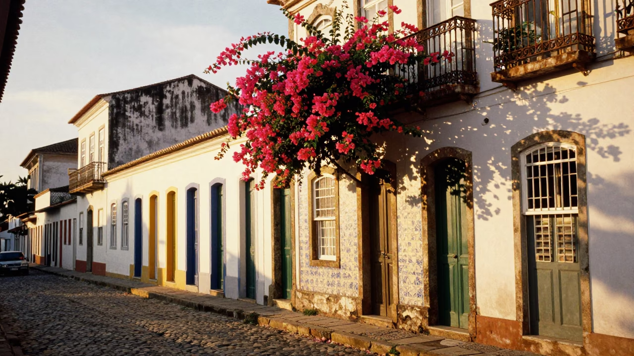 Golden Hour Street Scene in Salvador Brazil with Bougainvillea and Colonial Architecture in in Salvador, Brazil