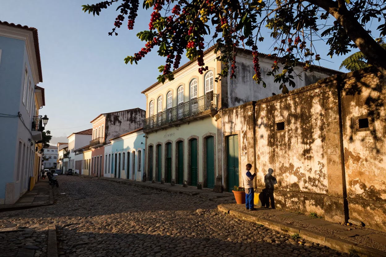 Golden Hour Street Scene in Salvador Brazil with Coffee Cherry Branch in in Salvador, Brazil