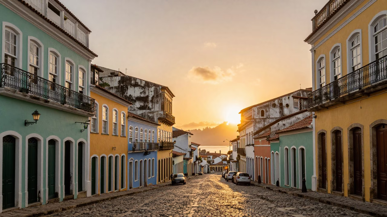 Golden Hour Street Scene in Salvador Brazil with Colorful Facades and Local Life in in Salvador, Brazil