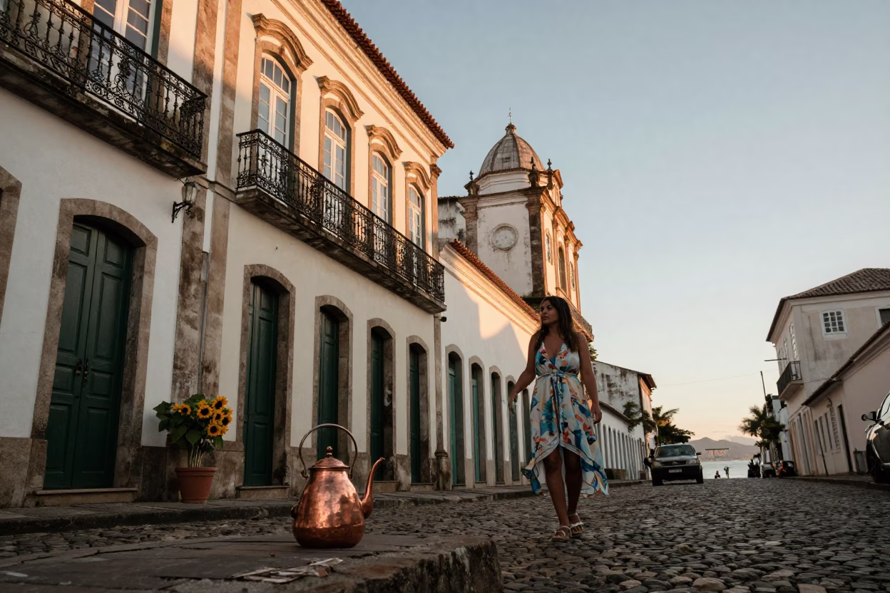 Golden Hour Street Scene in Salvador Brazil with Copper Coffee Pot and Sunflowers in in Salvador, Brazil