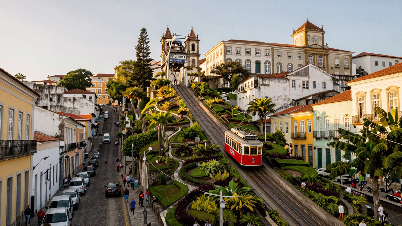 Golden Hour Street Scene in Salvador Brazil with Funicular and Terraced Gardens in in Salvador, Brazil
