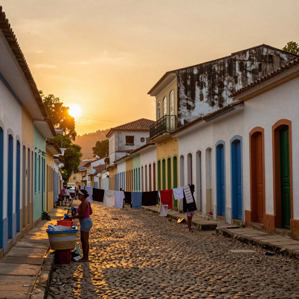 Golden Hour Street Scene in Salvador Brazil with Laundry and Trade Winds in in Salvador, Brazil