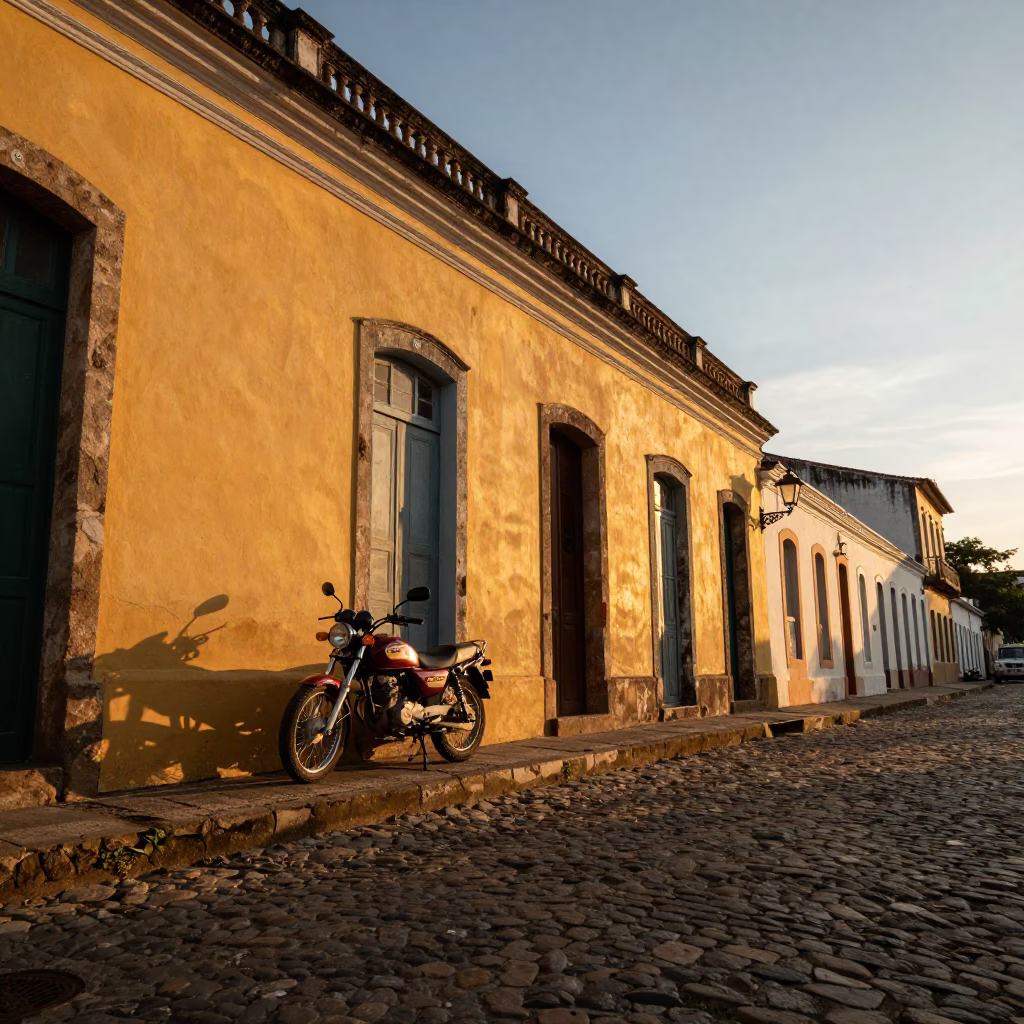Golden Hour Street Scene in Salvador Brazil with Motorcycle and Colonial Architecture in in Salvador, Brazil