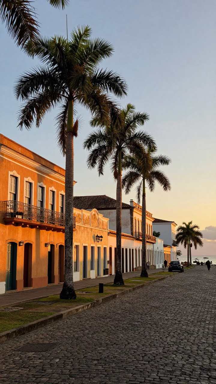 Golden Hour Street Scene in Salvador Brazil with Palm Trees and Colonial Architecture in in Salvador, Brazil