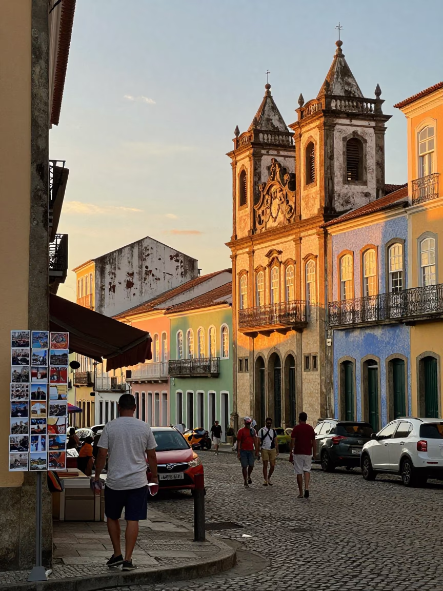Golden Hour Street Scene in Salvador Brazil with Postcards and Local Commerce in in Salvador, Brazil