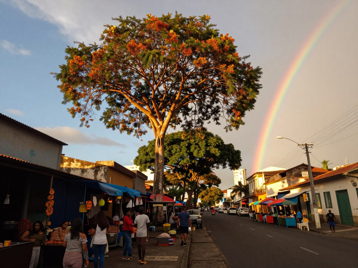 Golden Hour Street Scene in Salvador Brazil with Rainbow Eucalyptus and Local Market Activity in in Salvador, Brazil