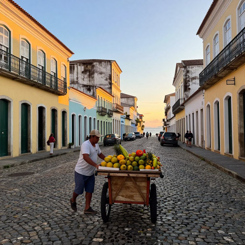 Golden Hour Street Scene in Salvador Brazil with Rolling Carts and Local Life in in Salvador, Brazil