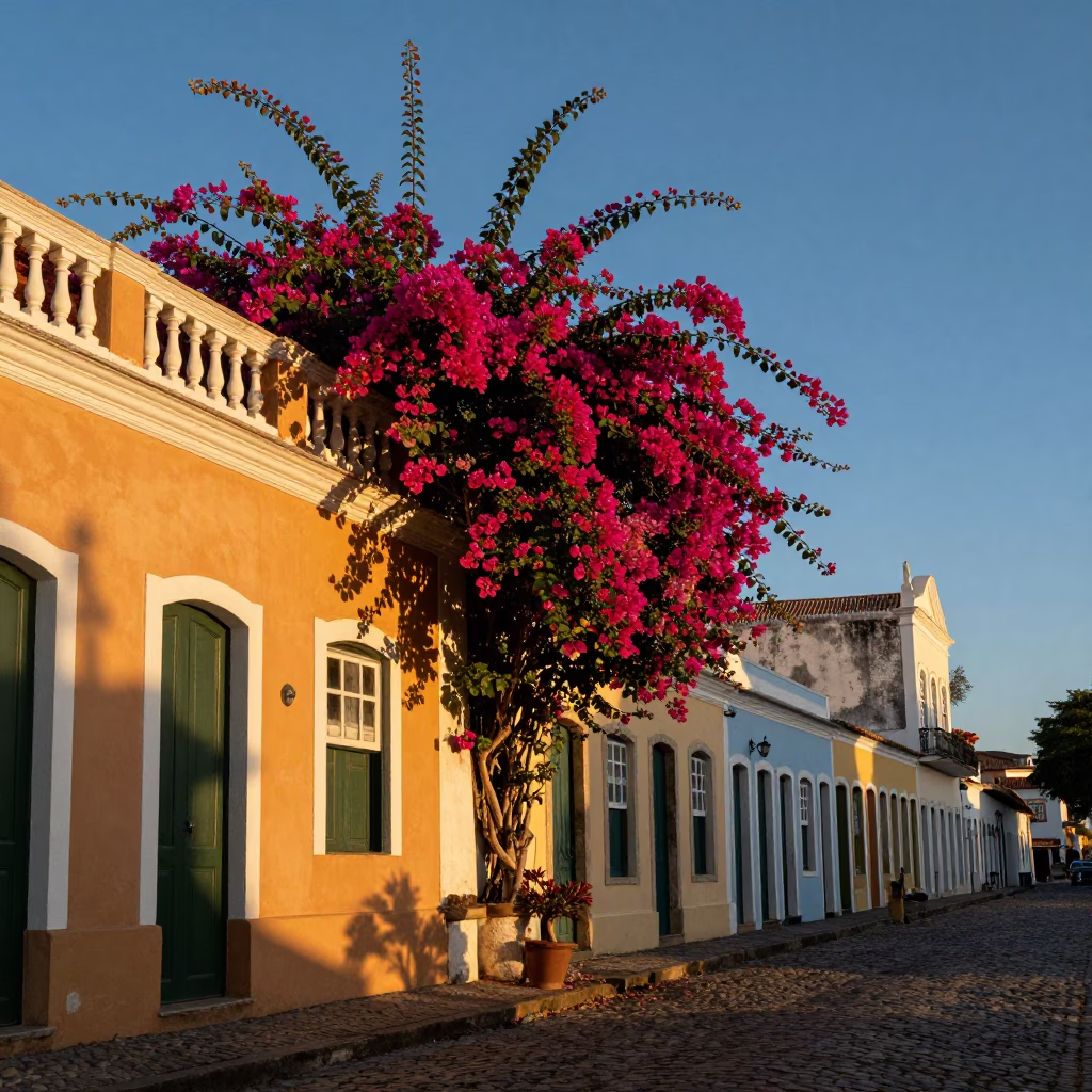 Golden Hour Street Scene in Salvador Brazil with Vibrant Bougainvillea and Colonial Architecture in in Salvador, Brazil