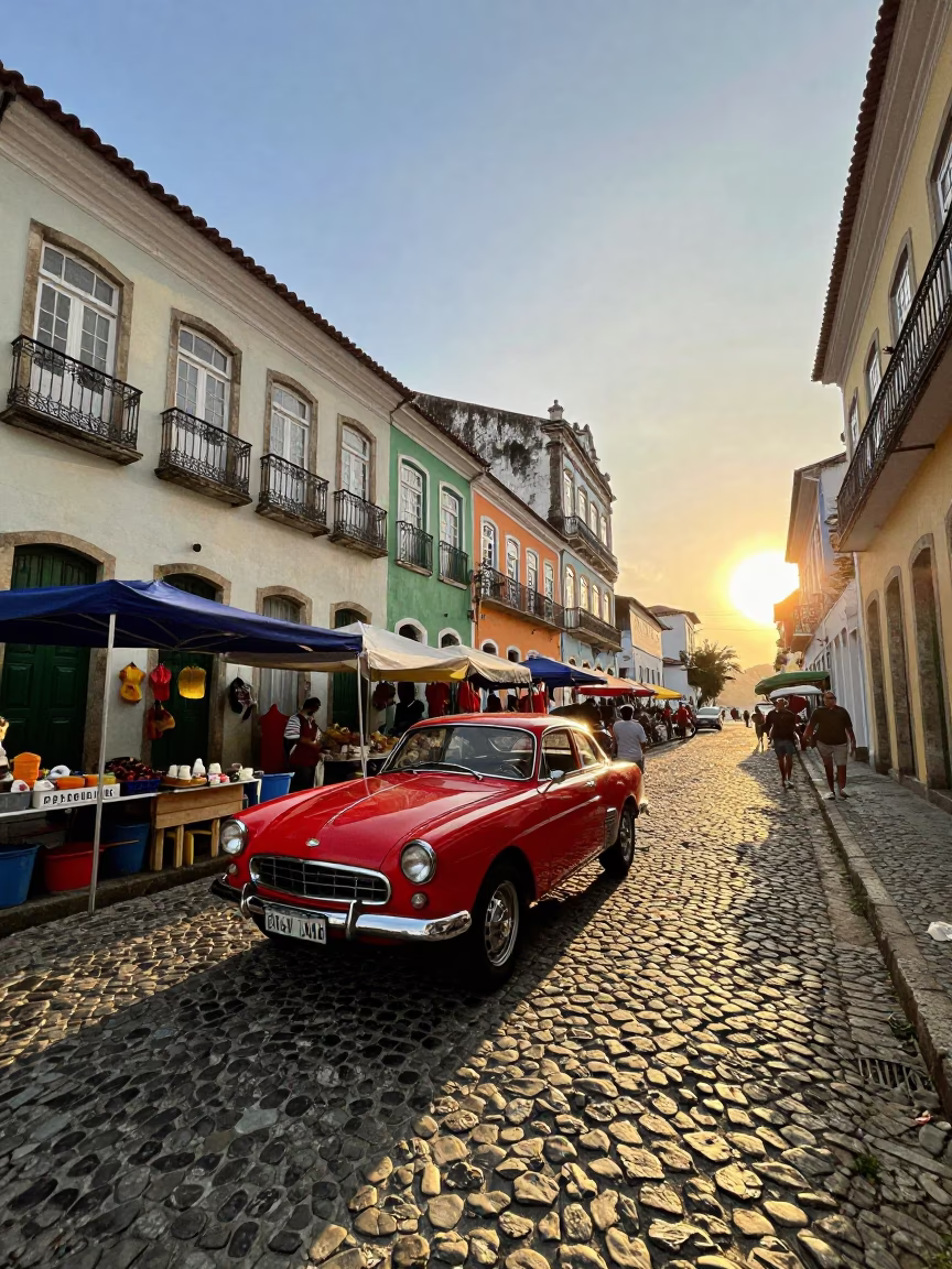 Golden Hour Street Scene in Salvador Brazil with Vintage Car and Local Market Details in in Salvador, Brazil