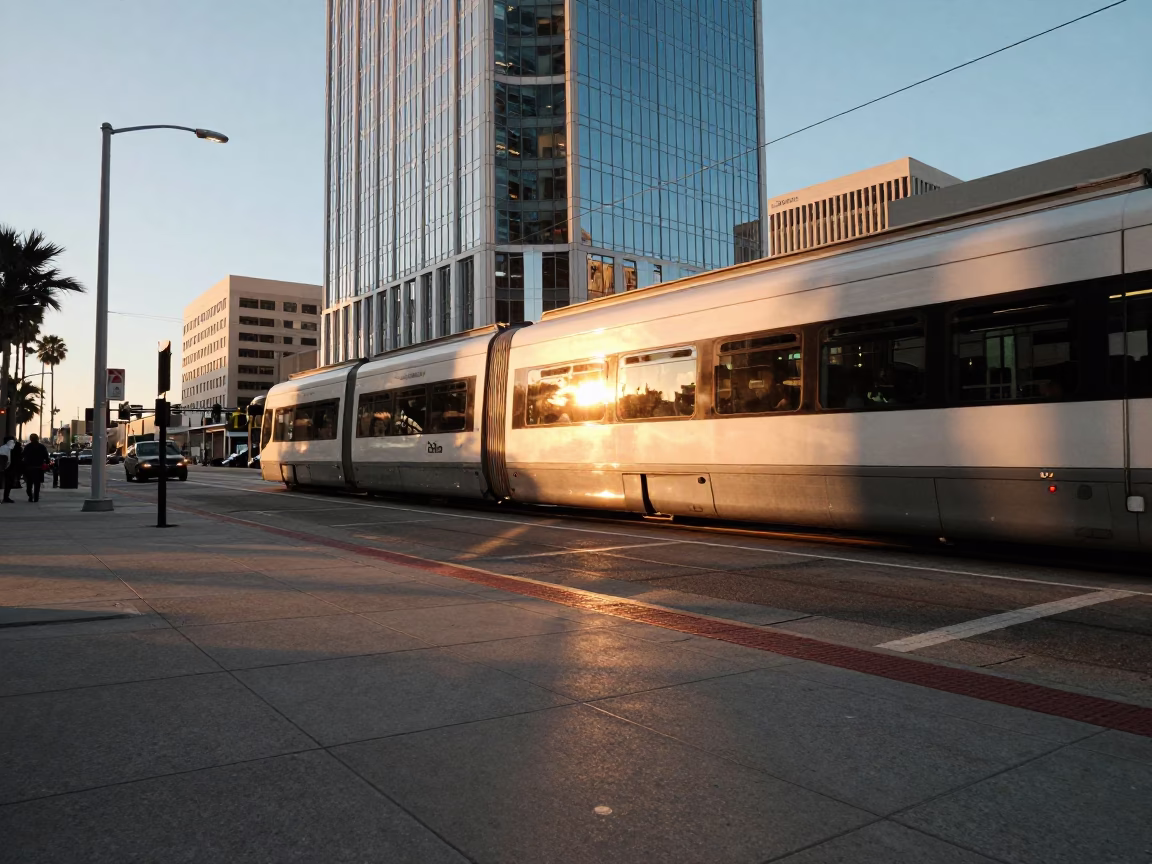 Golden Hour Street Scene in San Diego California with Monorail Reflection in in San Diego, California, United States