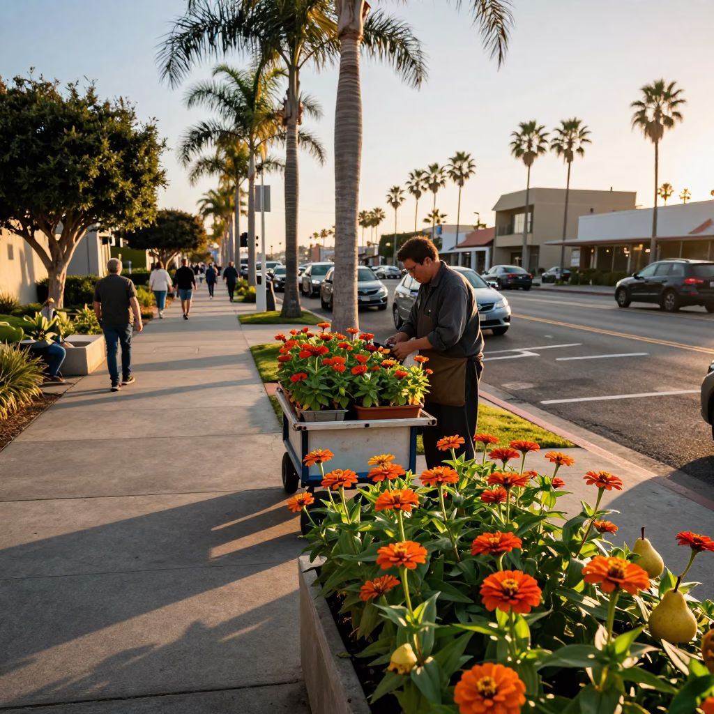 Golden Hour Street Scene in San Diego California with Orange Zinnias and Pears in in San Diego, California, United States