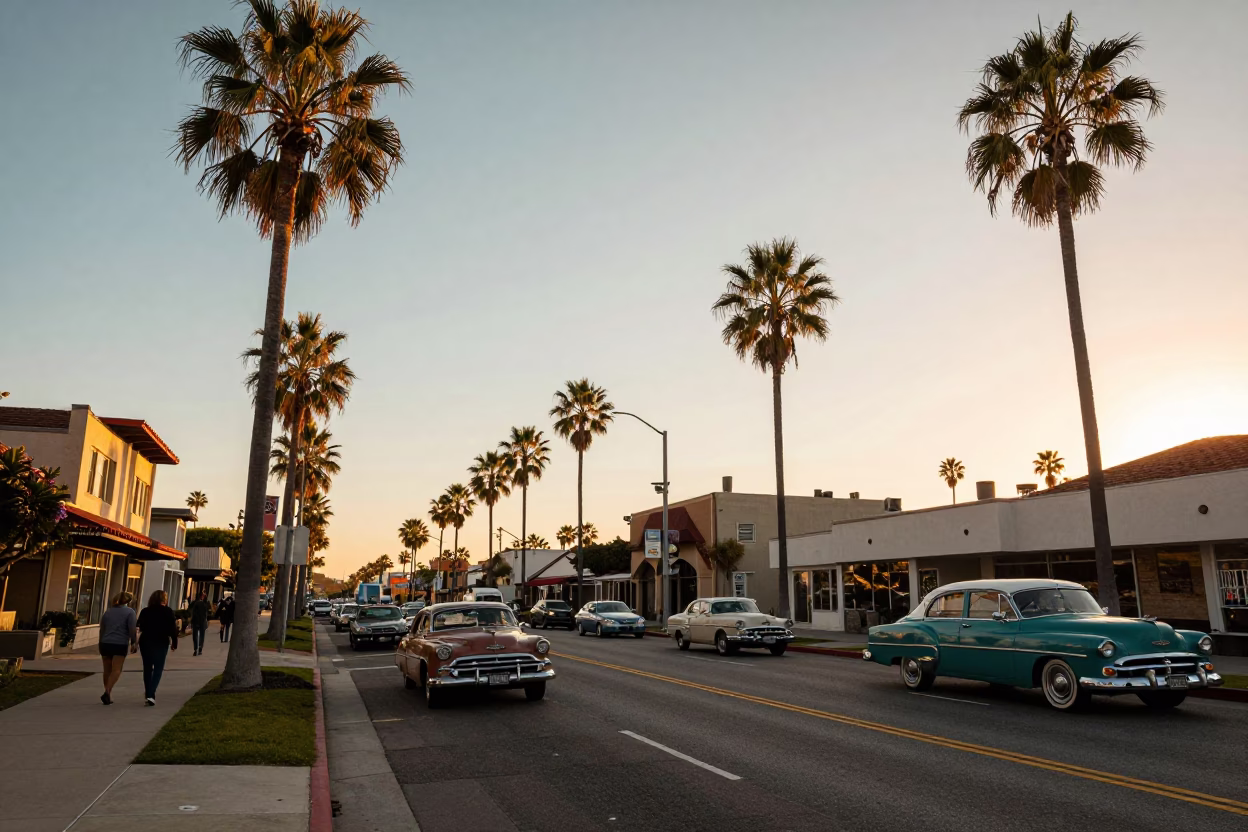 Golden Hour Street Scene in San Diego California with Palm Trees and Vintage Cars in in San Diego, California, United States