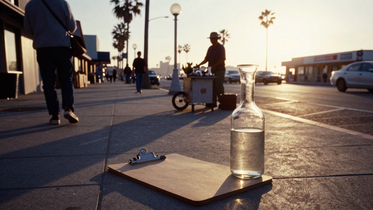 Golden Hour Street Scene in San Diego California with Vintage Clipboard and Glass Carafe in in San Diego, California, United States