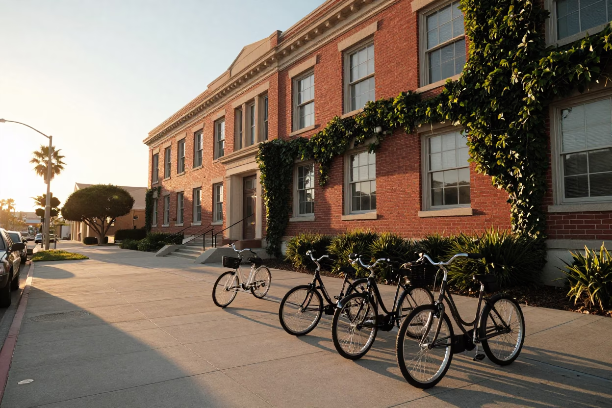 Golden Hour Street Scene in San Diego featuring Ivy and Bicycles in in San Diego, California, United States