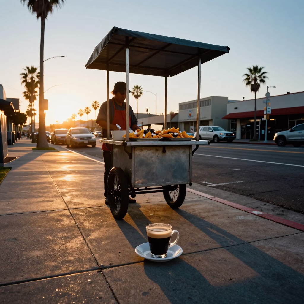 Golden Hour Street Scene in San Diego with Espresso Cup and Chilaquiles in in San Diego, California, United States
