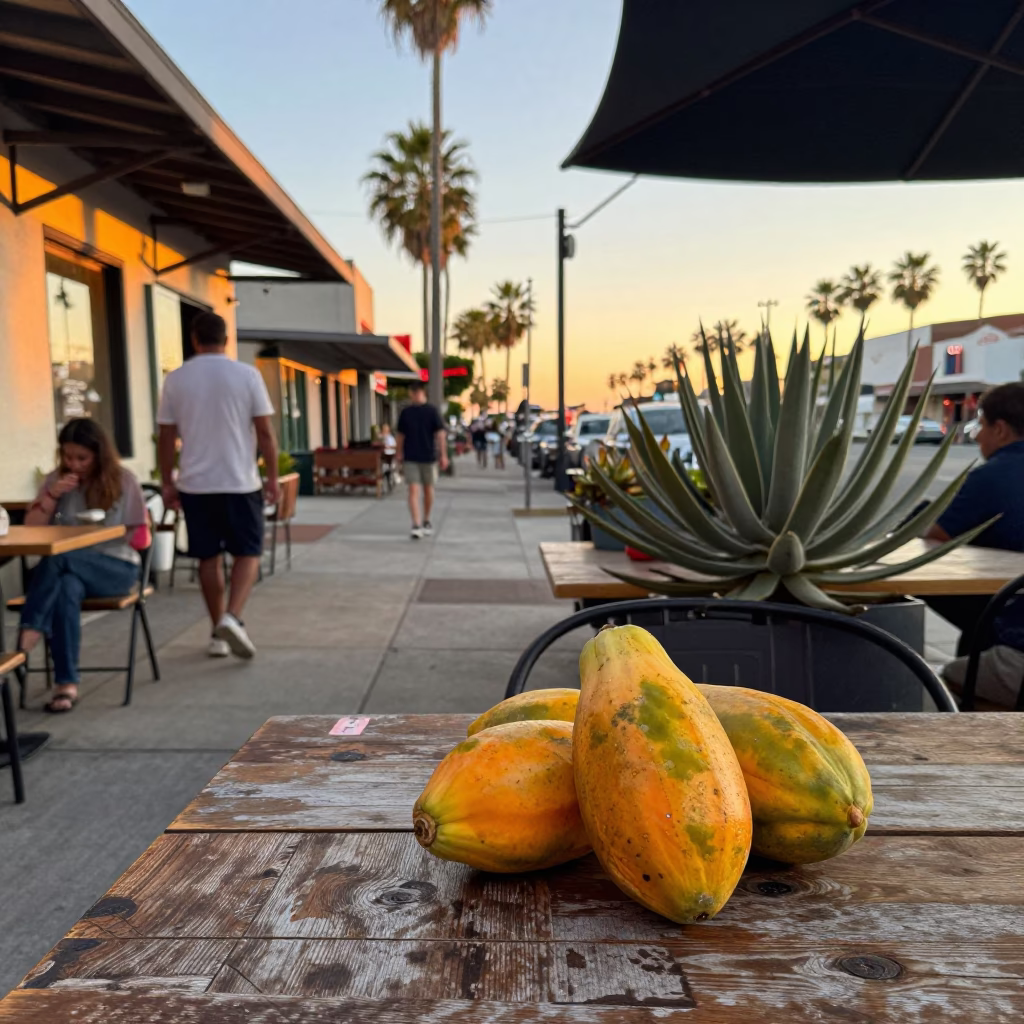 Golden Hour Street Scene in San Diego with Papayas and Echeveria in in San Diego, California, United States