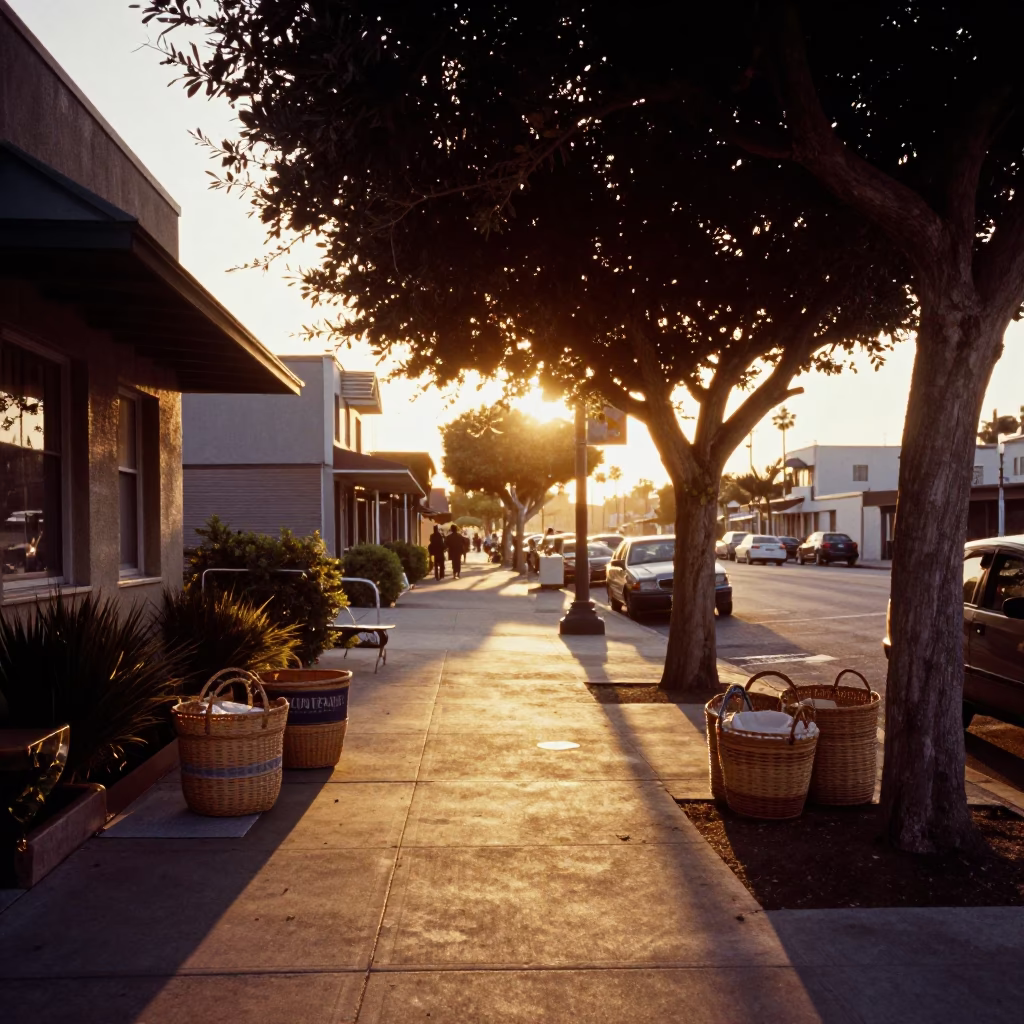 Golden Hour Street Scene in San Diego with Sunlight Stripes and Woven Baskets in in San Diego, California, United States