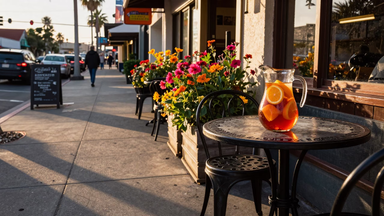 Golden Hour Street Scene in San Diego with Vibrant Colorful Flowers and Local Architecture in in San Diego, California, United States