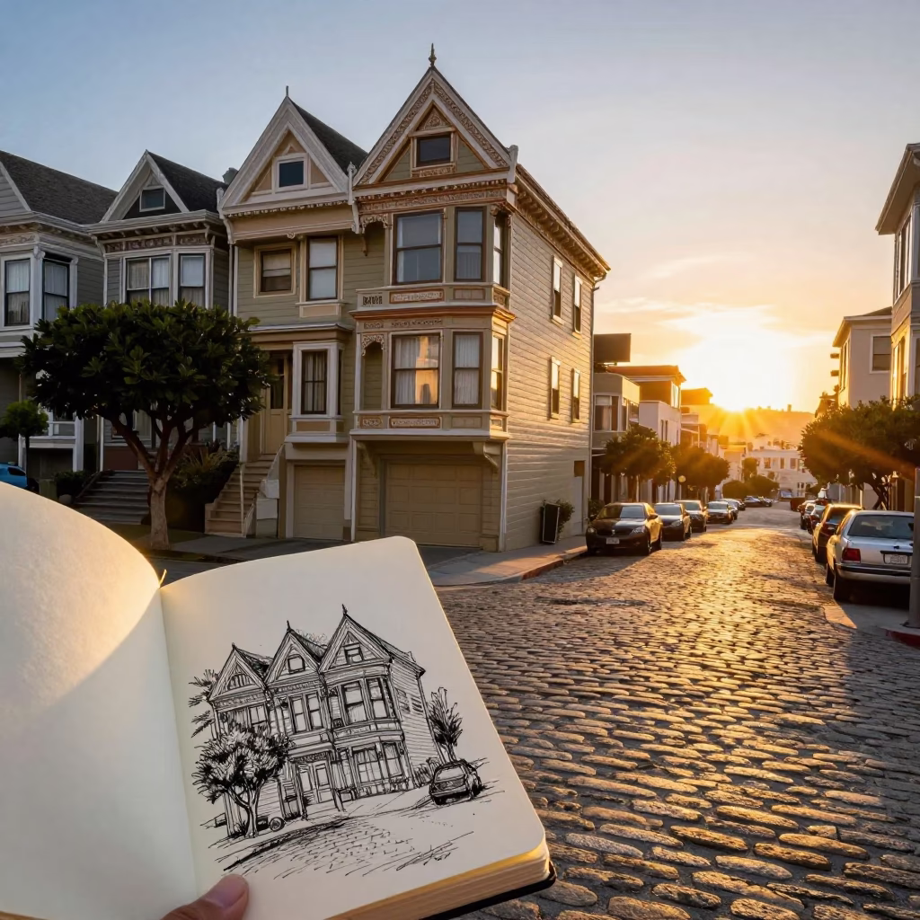 Golden Hour Street Scene in San Francisco with Artist Sketchbook and Urban Details in in San Francisco, California, United States