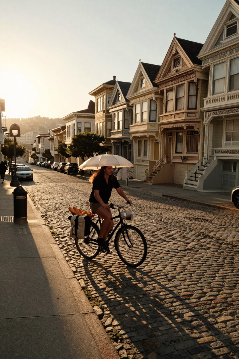 Golden Hour Street Scene in San Francisco with Bicycle and Umbrella in in San Francisco, California, United States